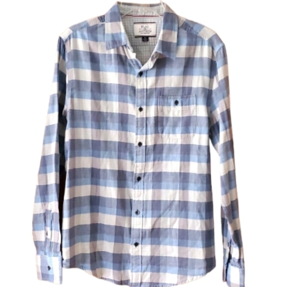Flag & Anthem Mens Blue‎ Check Long Sleeve Buttondown Soft Shirt Size Medium